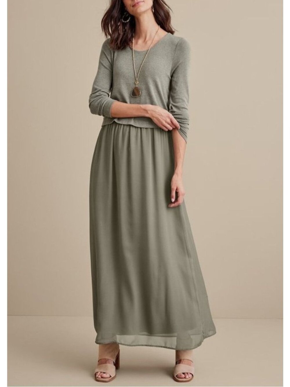 Soft Surroundings Size L NEW Olive Green Cassie Two-Layer Long Sleeve Maxi Dress